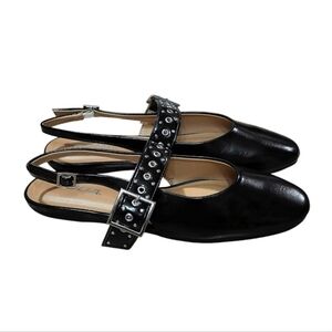 Round Toe Slingback Flats Womens Size 7 Black Faux Leather Studded